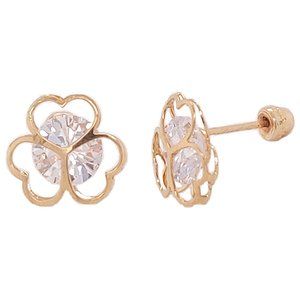 Clover Design Cubic Zirconia Screw Back Stud Earring Yellow Gold 14k